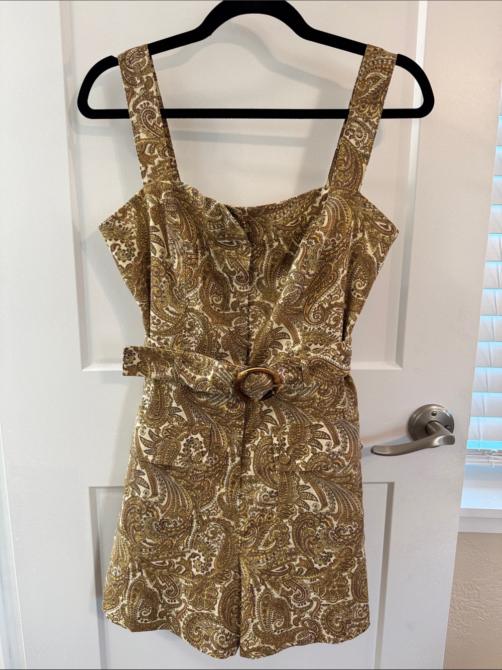 House of Harlow 1960 Gold and Cream Paisley Belted Romper Linen Blend Retro Glam